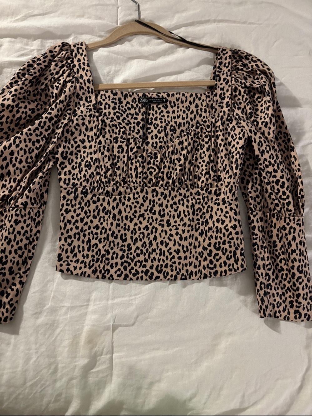 Zara Beige and Black Leopard Bustier Puff Sleeve Top